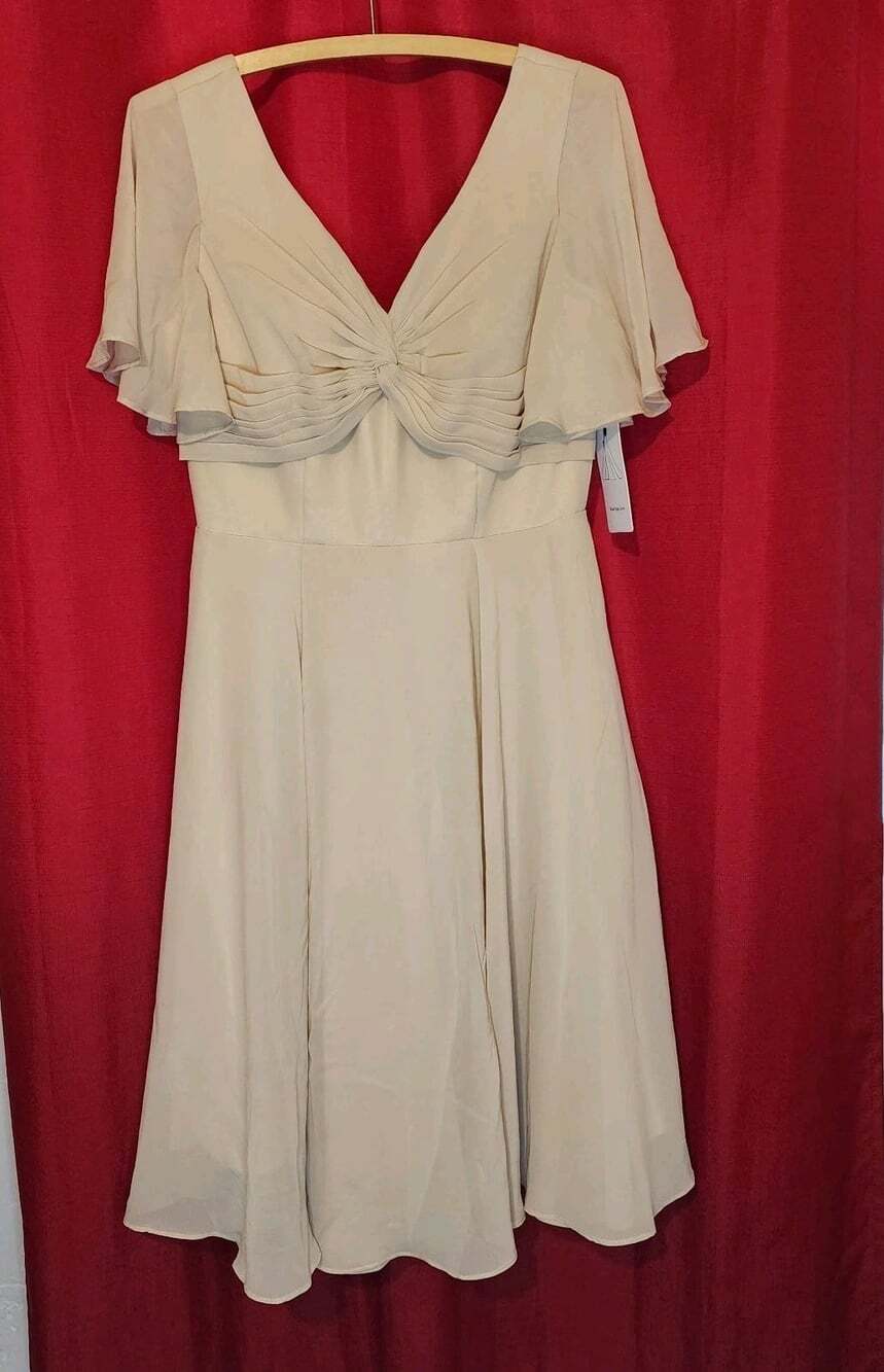 Women's Elegant Midi Dress V-Neck Flutter Sleeve Pleated Waist Ivory Size 6